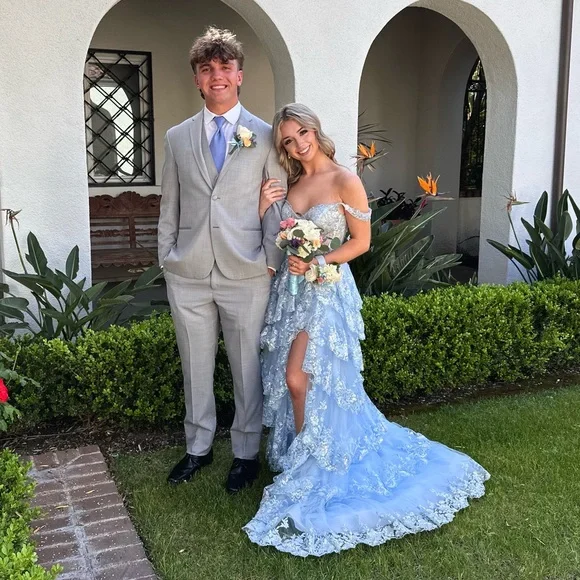 Hill Prom Dresses 2025 Sherri Hill Denim Dress Two-Piece Lace Back Fitted Prom  Dress In Periwinkle/ivory  On